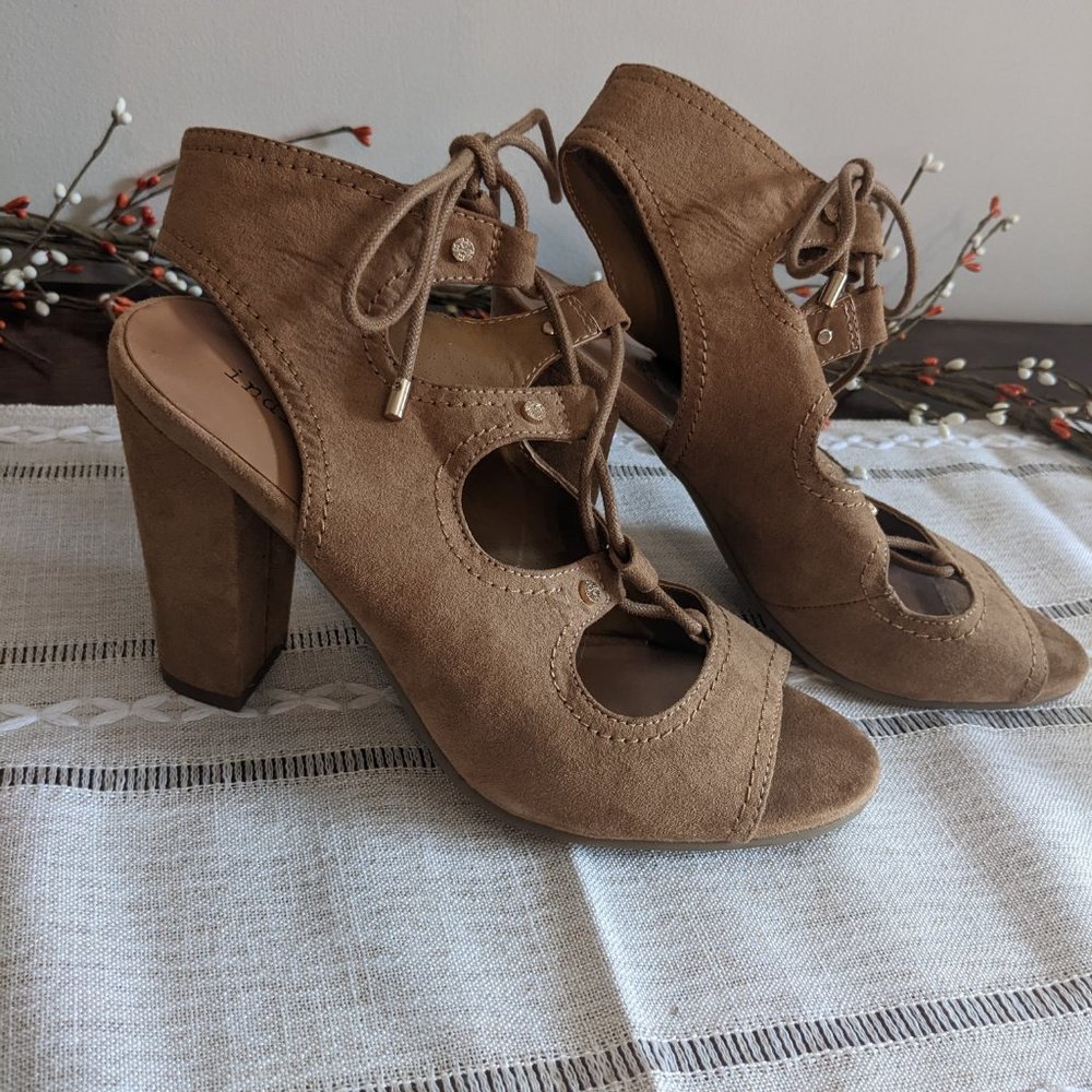 Indigo Rd Faux Suede Lace Up Tan Block Heels